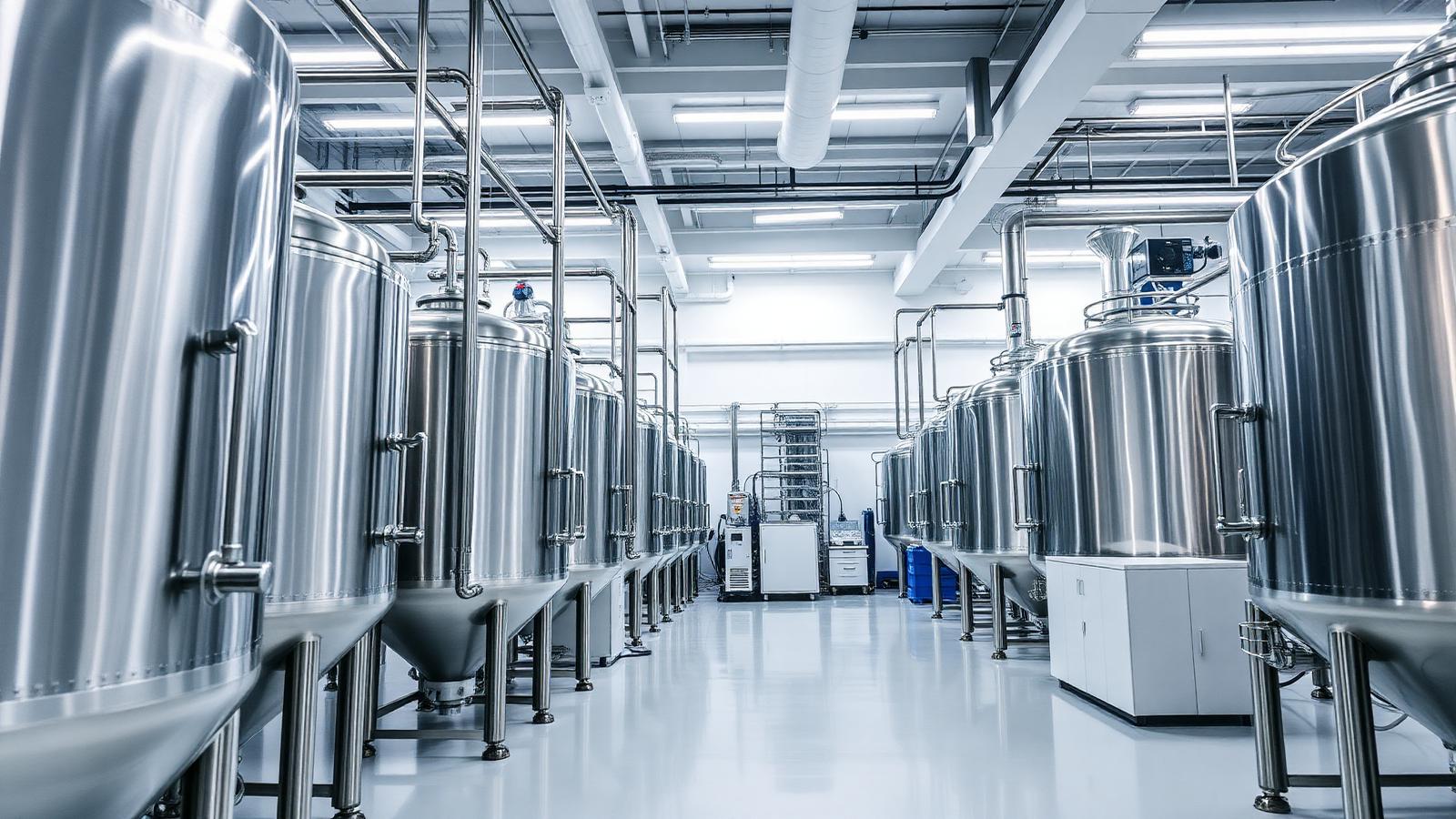 Interior de biofábrica com tanques de fermentação
